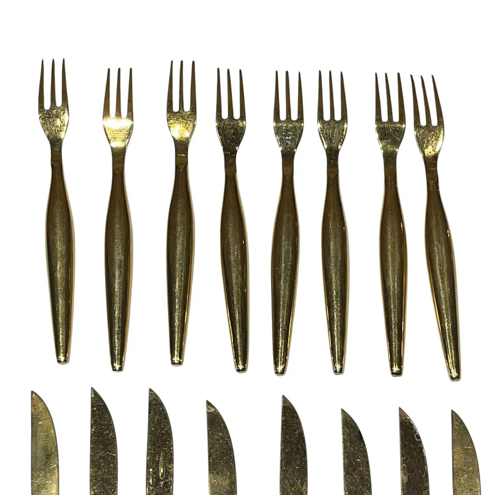 Vintage‎ Gold Appetizer Oyster Fork and Knife with Sleeve Made in Japan GUC Read